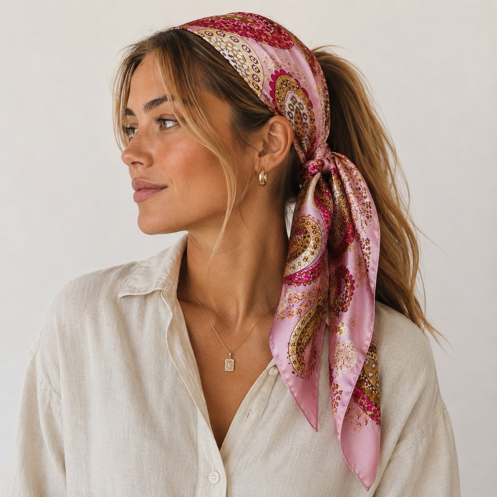 Paisley‎ Silk Feel Scarf Wrap Womens Pink Gold Boho Retro Versatile Chic Y2K